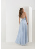 Sexy Strapless Sweetheart Neck Sky Blue Chiffon Ruched Evening Dress With Beaded Sash